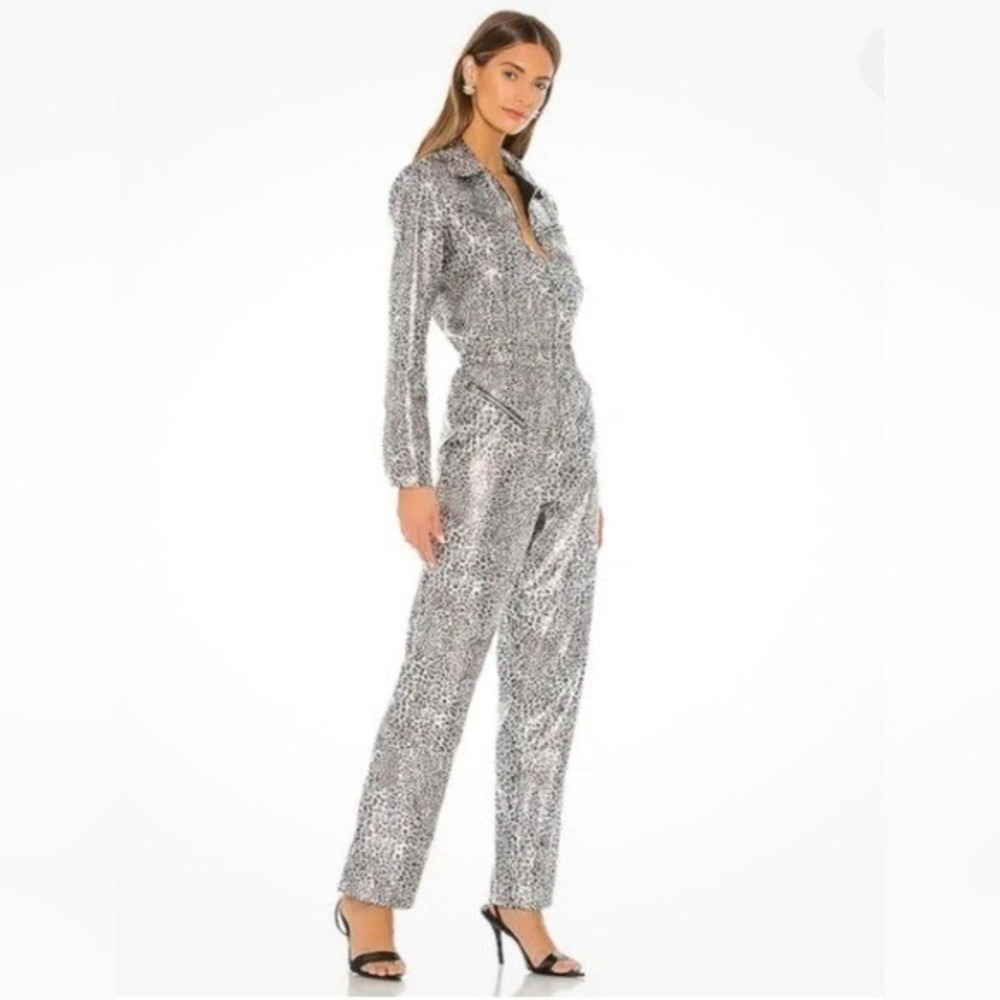 RONNY KOBO Ozzy Jumpsuit Silver Long‎ Sleeve Zip Pockets Leopard Print Medium